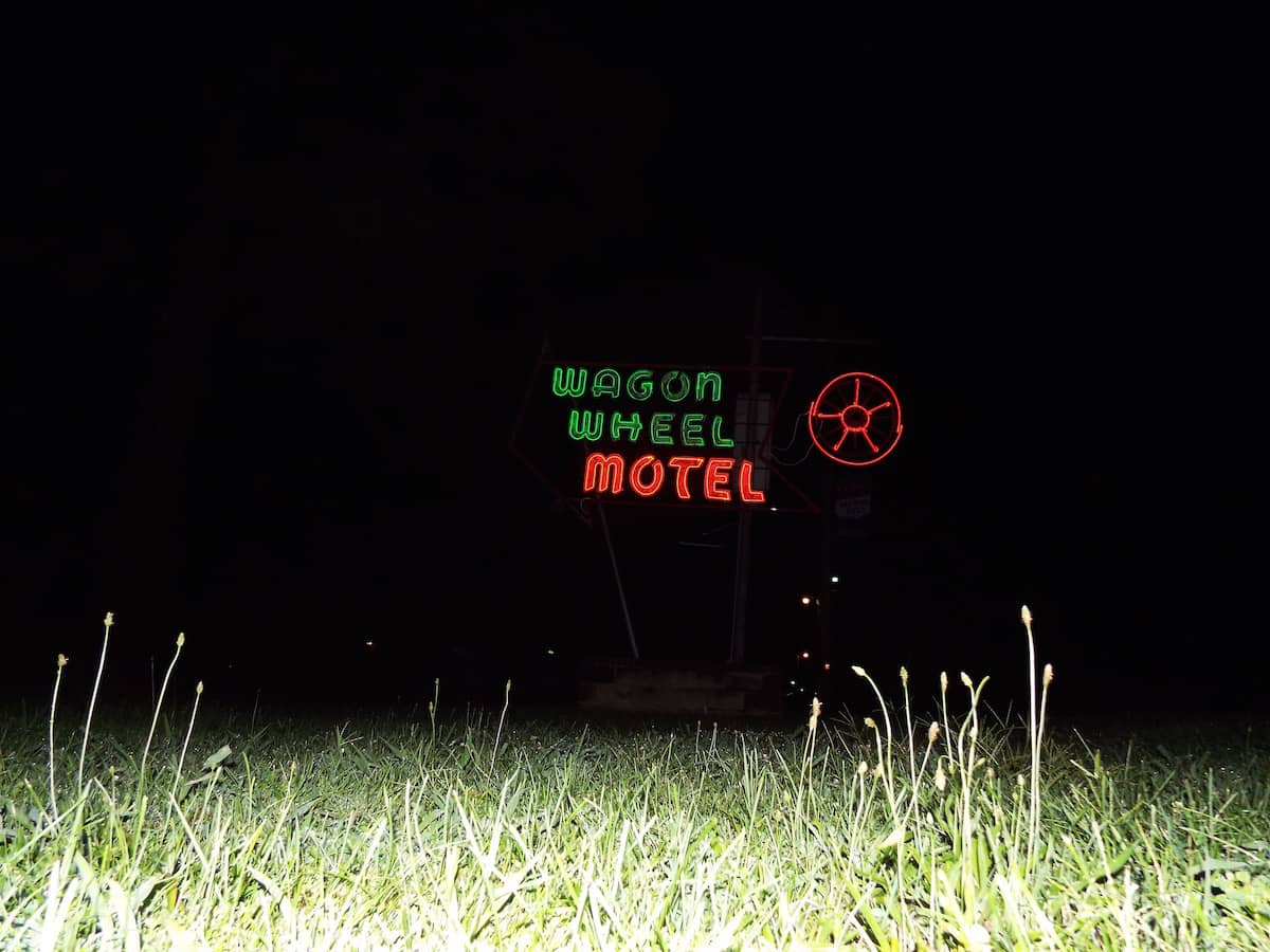 The wagon wheel motel neon sign The Wagon Wheel Route 66 Motel neon sign at night