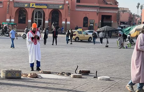 A snake charmre in Jemaa el-fnaa square in Marrakech, Morocco