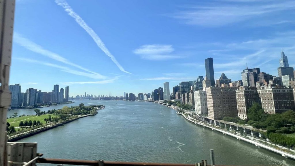 a view of the Hudson River and the Manhatten skyline taken on the George Washington Bridge