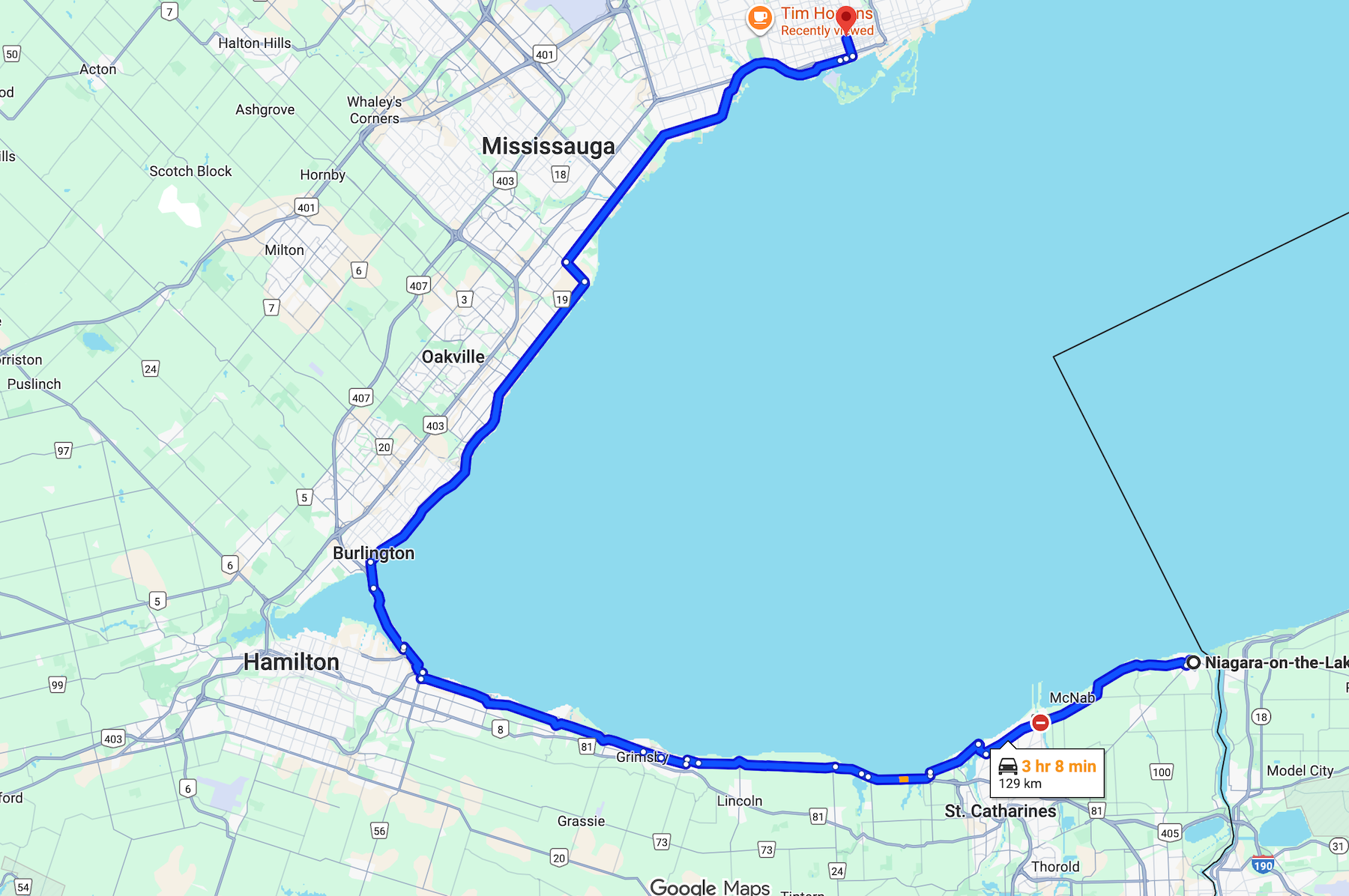 Niagara-on-the-lake-to-Toronto-route Our route from Niagara on the lake to Toronto